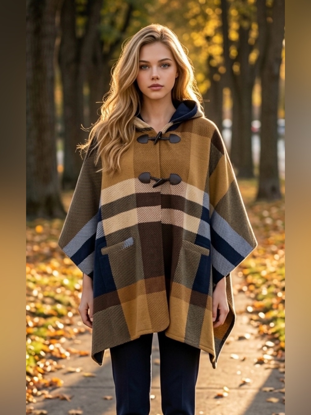 RACHEL Rachel Roy Hooded Plaid Poncho Sweater in Brown, Navy & Cream